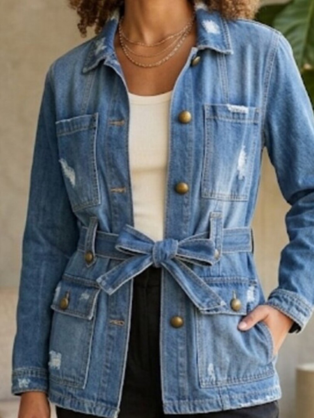 Washed Blue Distressed Denim Jacket with Self-Tie Belt